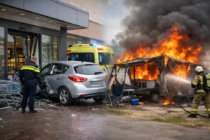 Auto-ongeluk bij supermarkt in Sneek en brandende vouwwagen in Twijzelerheide