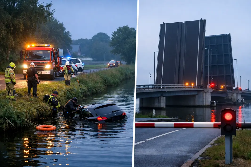 Auto te water na botsing in Appelscha, bestuurder aangehouden; brug bij Burgum tijdelijk afgesloten