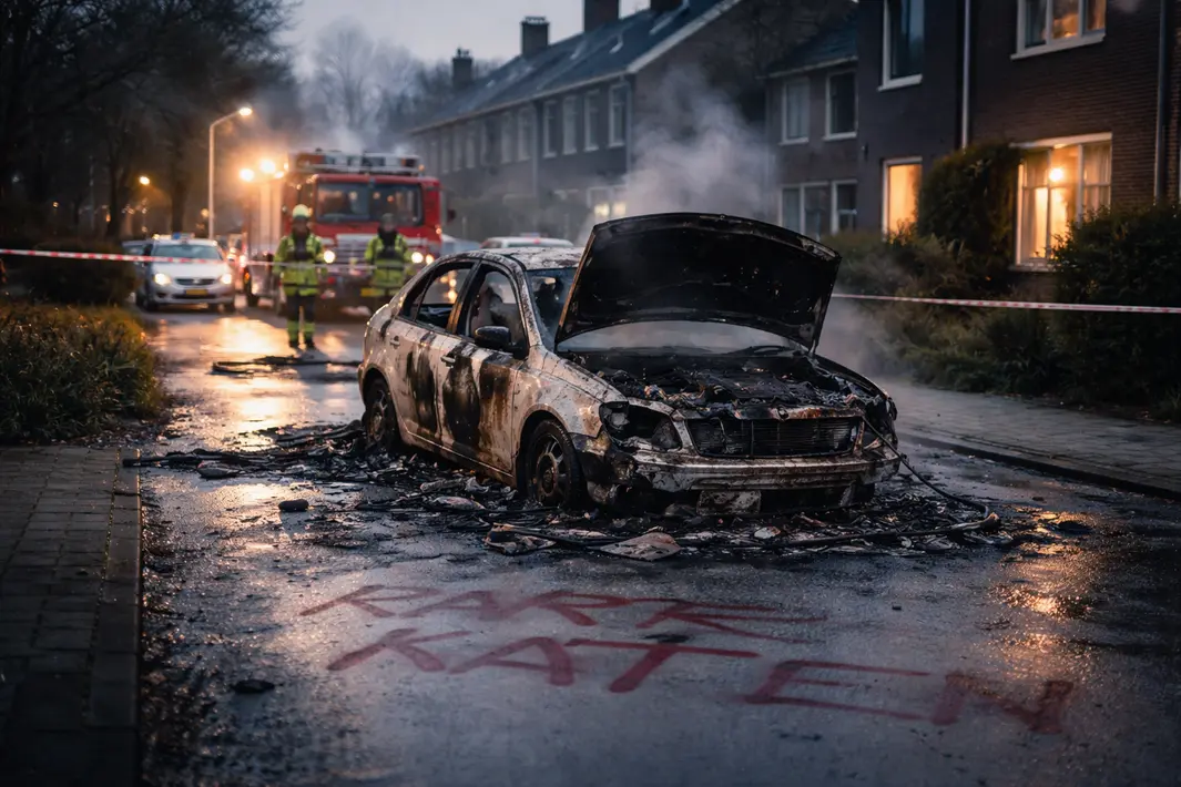 Auto volledig uitgebrand in Leeuwarden, verdachte tekst gespoten op straat