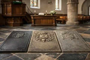 Drie gerestaureerde grafmarkeringen terug in Petruskerk in Garyp