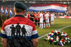 Eerbetoon aan veteranen met speciaal shirt tijdens laatste voetbalwedstrijd van het seizoen