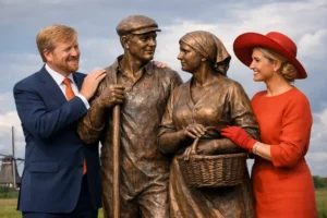 Koning Willem-Alexander en koningin Máxima ronden bronzen kunstwerk van Ferwertse kunstenaar af