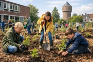 Leerlingen planten minibos van 600 bomen op schoolplein in Sneek