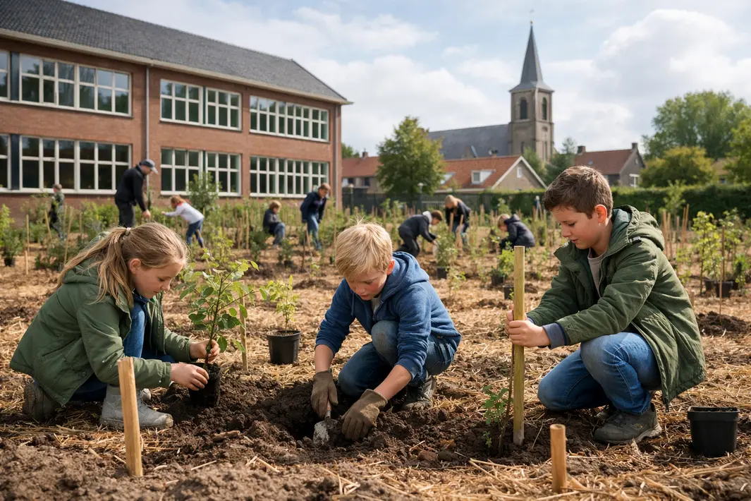 Leerlingen planten minibos van 600 bomen op schoolplein in Sneek