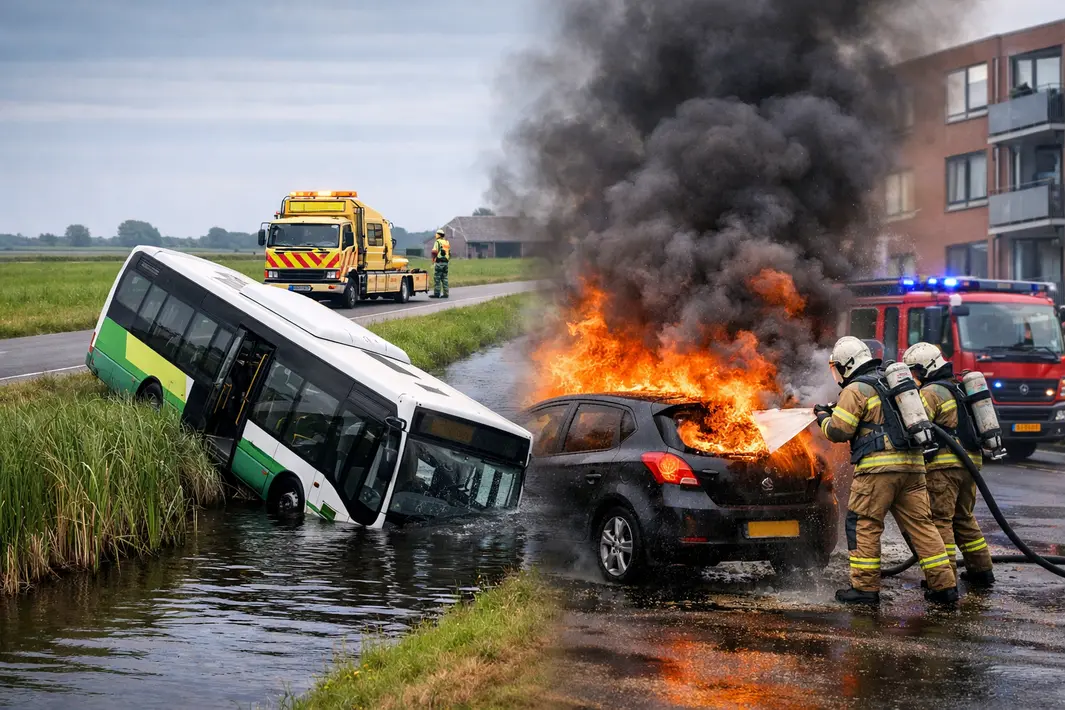 Lijnbus in de sloot bij Terherne en uitbrander in getroffen auto in Leeuwarden