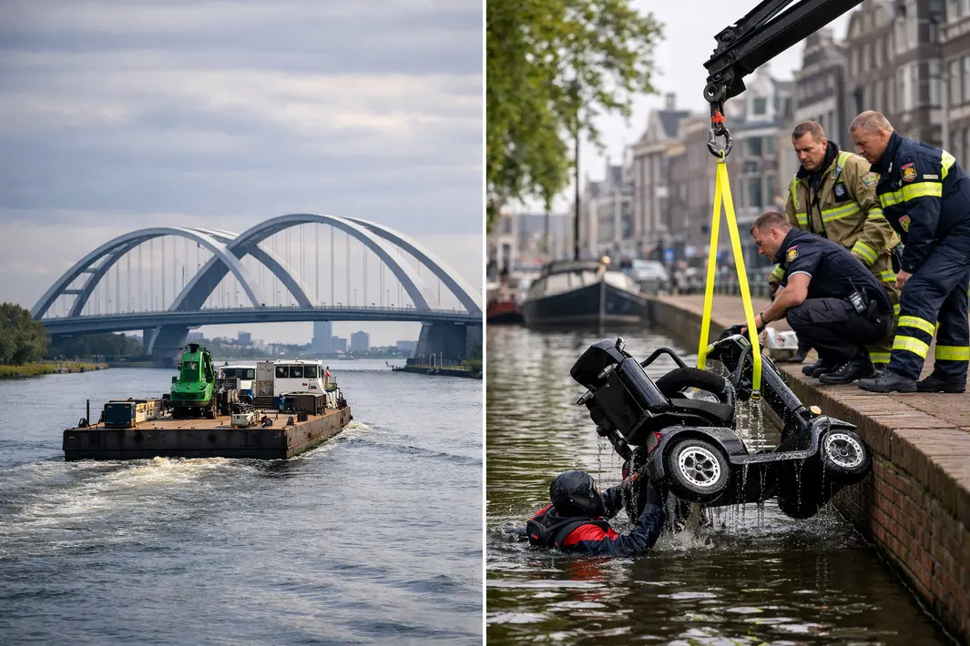 Ponton met grote brug vertrekt richting Amsterdam; scootmobiel te water in Leeuwarden