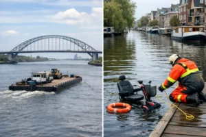 Ponton met grote brug vertrekt weer richting Amsterdam; scootmobiel eindigt in water in Leeuwarden