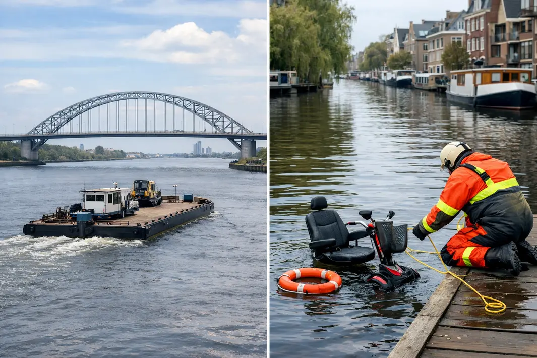 Ponton met grote brug vertrekt weer richting Amsterdam; scootmobiel eindigt in water in Leeuwarden