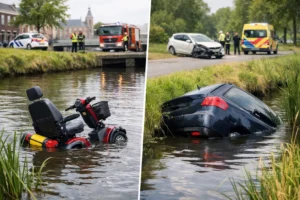 Scootmobiel raakt te water in Leeuwarden en auto gaat te water na aanrijding in Appelscha