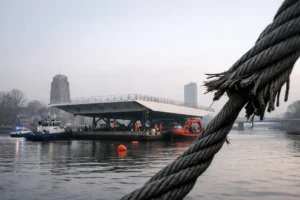 Transport van groot brugdek bij Leeuwarden stilgelegd door beschadiging kabels