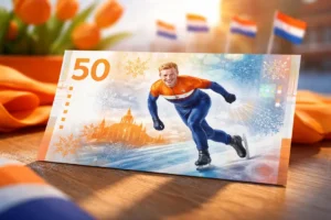Uniek bankbiljet met schaatsende koning verschijnt voor Koningsdag