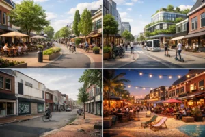 Vier mogelijke toekomstbeelden voor de winkelstraat De Schrans in Leeuwarden