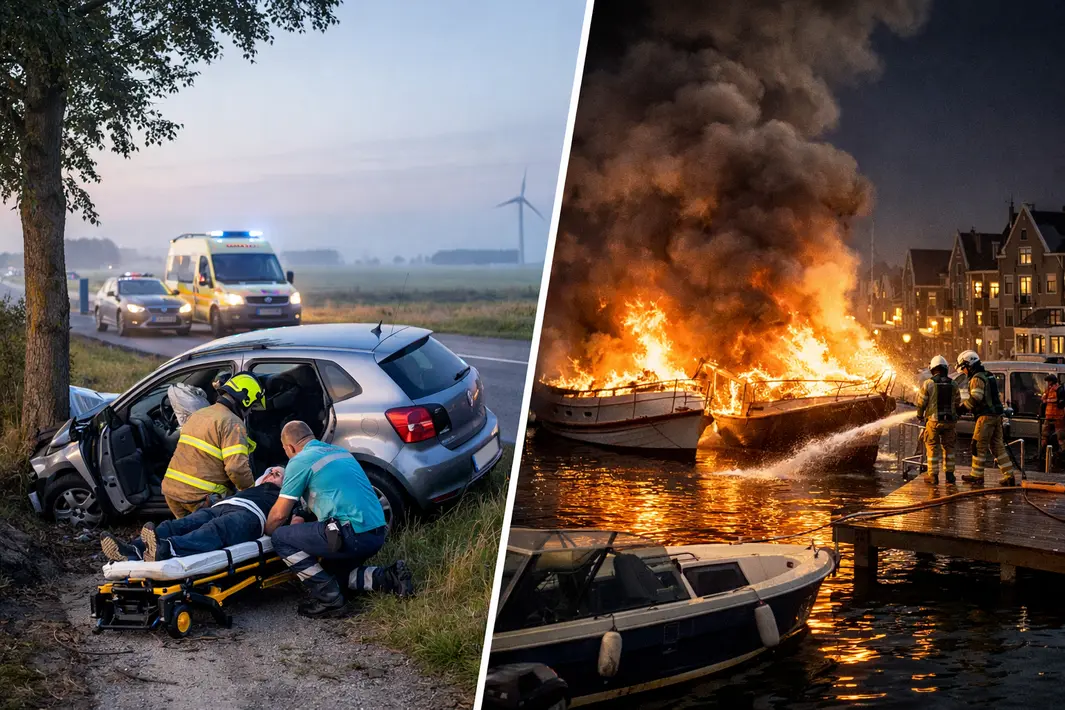 Automobilist gewond bij eenzijdig ongeval bij Follega; twee boten in brand in Sneek