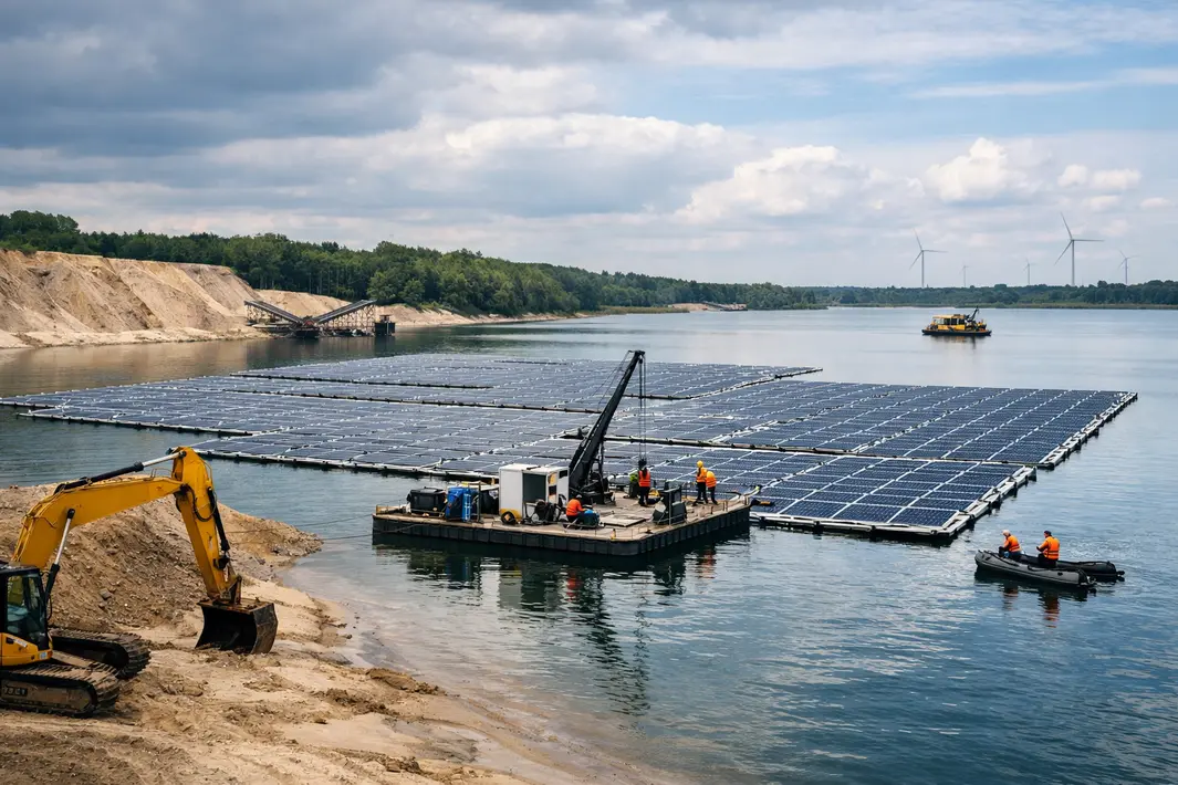 Bouw drijvend zonnepark op zandwinplas hervat ondanks onzekere juridische situatie