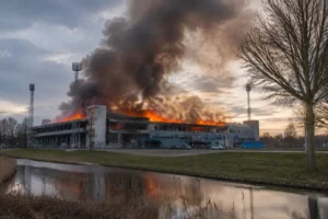 Brand in voormalig stadion in Leeuwarden vermoedelijk aangestoken