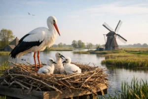 Eerste jonge ooievaars geboren bij It Eibertshiem in Earnewâld