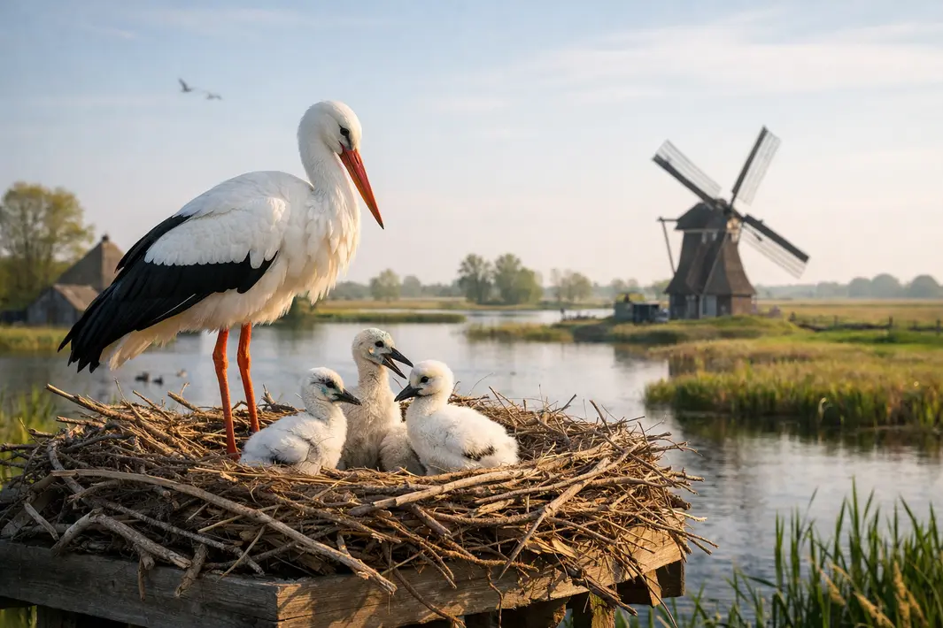 Eerste jonge ooievaars geboren bij It Eibertshiem in Earnewâld