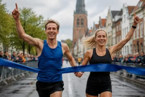 Halve marathon gewonnen door Mechiel Zantema en Jessica Oosterlo in Leeuwarden