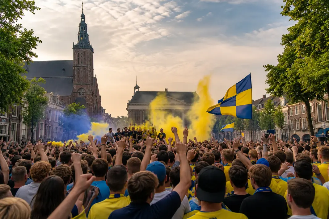 Massale feestvreugde op Oldehoofsterkerkhof voor voetbalclub uit Leeuwarden