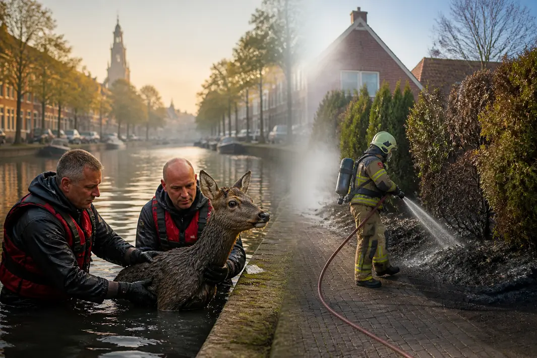 Ree uit Leeuwarder gracht gered en coniferenbrand in Franeker onder controle