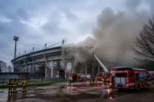 Rookontwikkeling in voormalig voetbalstadion, brandweer massaal aanwezig