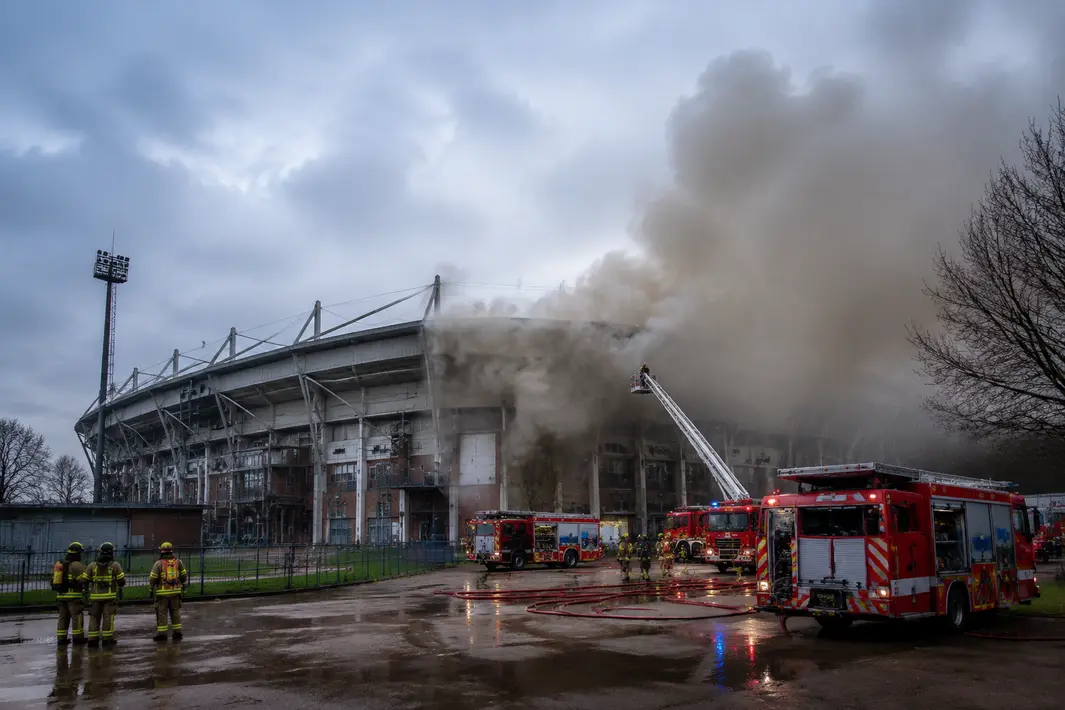 Rookontwikkeling in voormalig voetbalstadion, brandweer massaal aanwezig