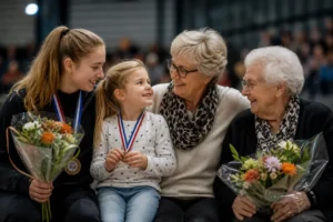 Vier generaties vrouwen delen bijzondere momenten tijdens sporthuldiging