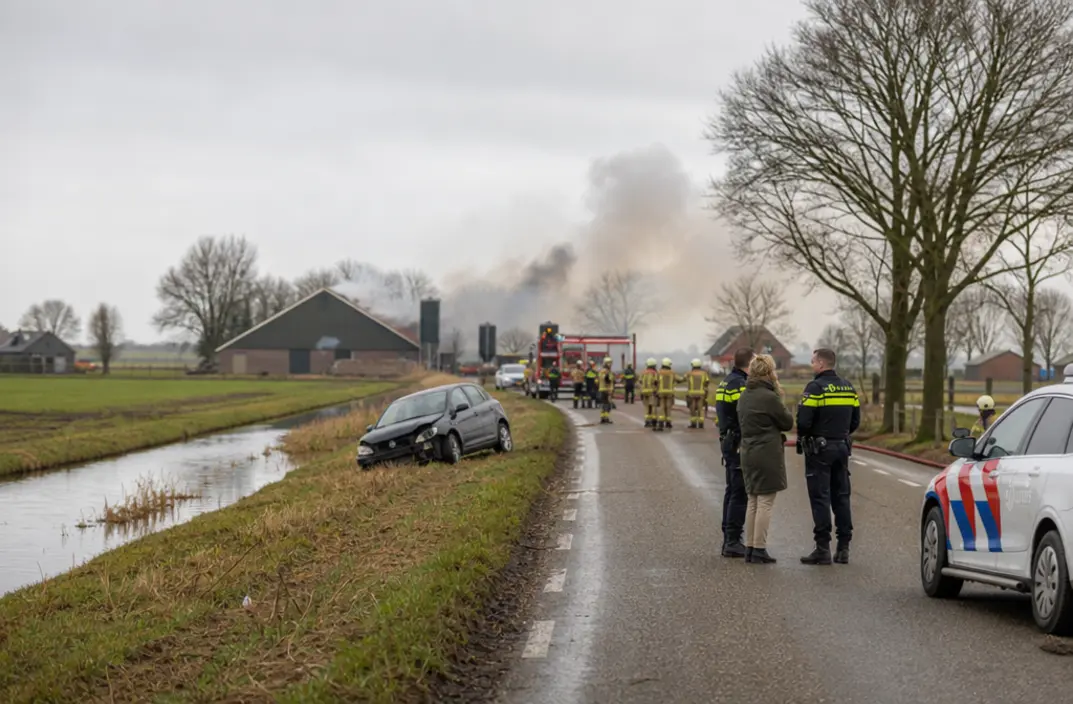 Vrouw aangehouden na verkeersongeval en grote brand met dierenverlies in Friesland