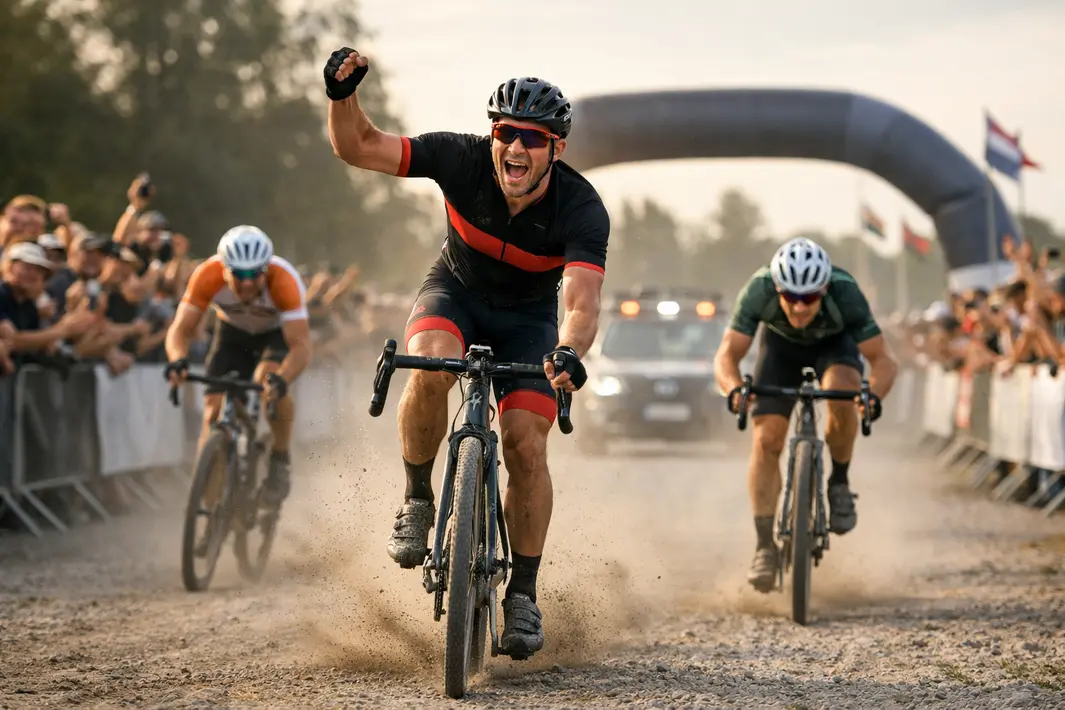 Wielrenner Otto van Zanden wint zware gravelkoers in spannende sprint