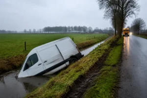Bestelbusje raakt van de weg en belandt in sloot bij Feanwâlden