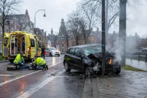 Gewonde bij aanrijding tegen lantaarnpaal en autobrand in Leeuwarden